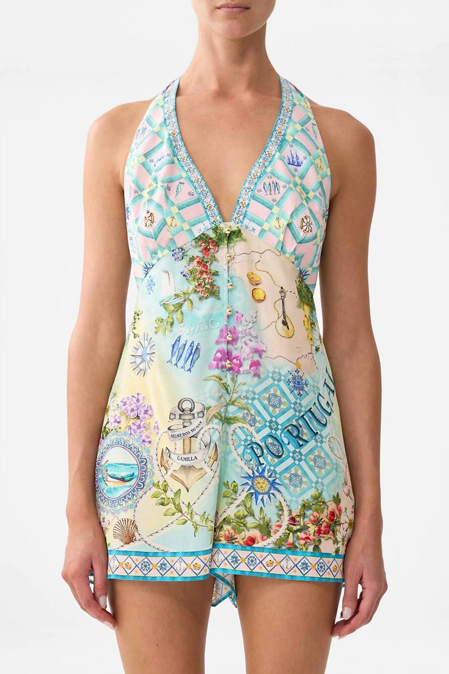 NEW CAMILLA button front halter playsuit in just coasting